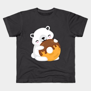 Kawaii Cute White Bear Eating Chocolate Donut Kids design Kids T-Shirt